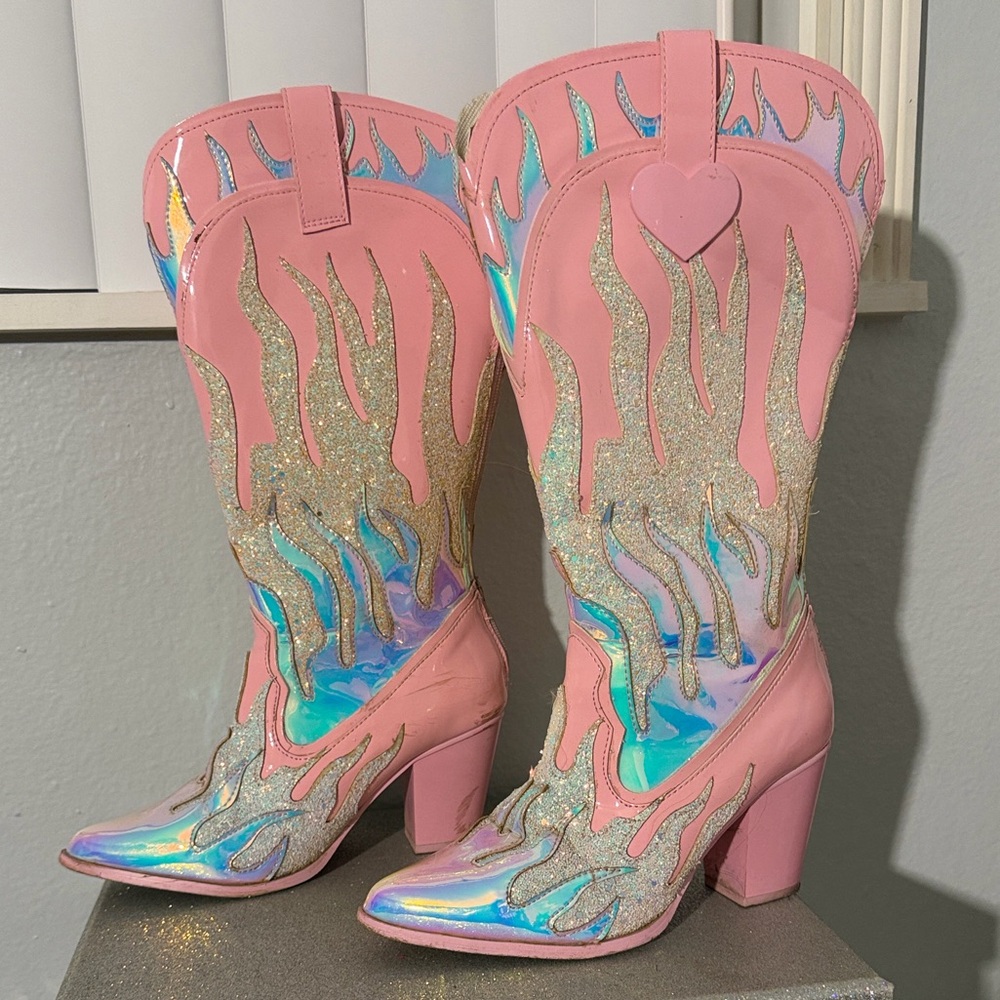 Dolls Kill Pink Space Cowgirl Flame Boots